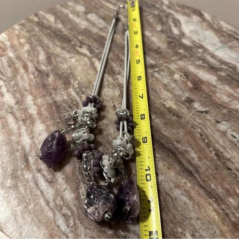 Chunky Raw Amethyst Necklace Three Large Pendants & Crystal Glass Round Beads